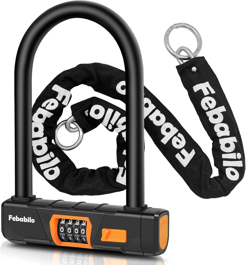 Febabilo Bike Locks Heavy Duty Anti Theft,4 Digit Combination Ebike u Lock with Cut-Proof Security 4FT x 8mm Chain,Combo Large U Shape Lock for Motorcycle,Scooter,Bicycle,Electric,Moped - Image 1